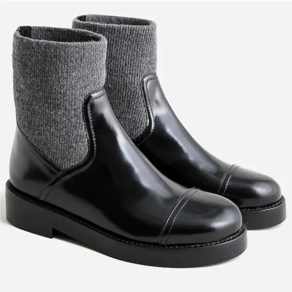 NWT J. Crew Spazzo Black Italian Leather Round Toe Heather Rib-Cuff Boots